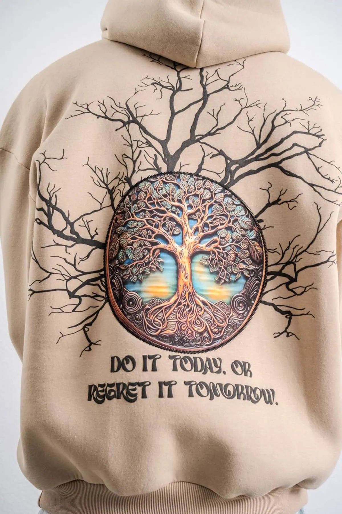 Beige Life of Tree Designed Unisex Hoodie
