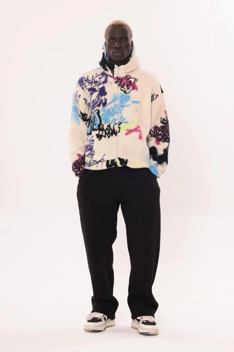 White Graffiti Design Unisex Printed Zipped Fleece - Image 4