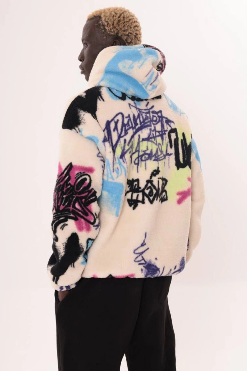 White Graffiti Design Unisex Printed Zipped Fleece - Image 2