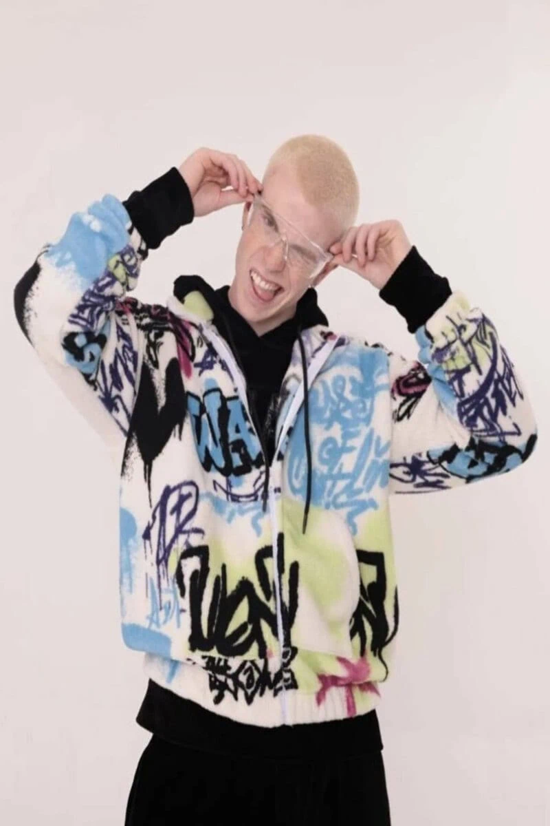 White Graffiti Design Unisex Printed Zipped Fleece - Image 3