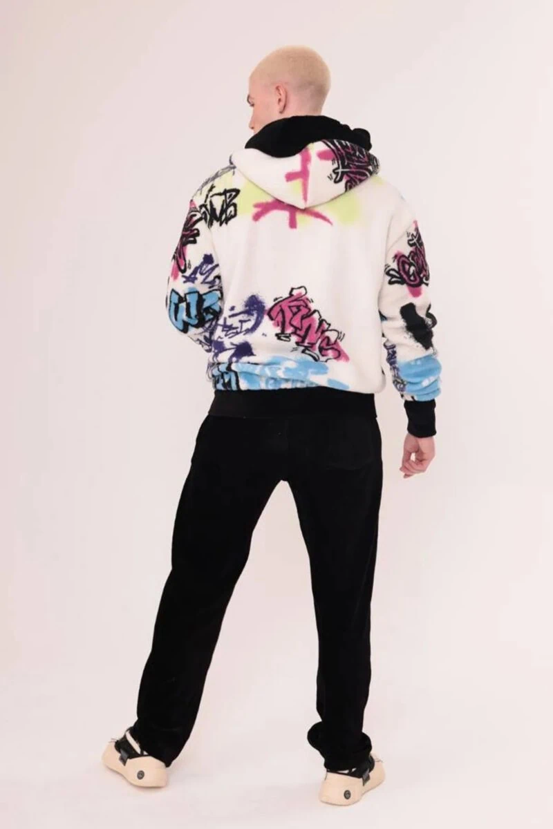 White Graffiti Design Unisex Printed Zipped Fleece - Image 5