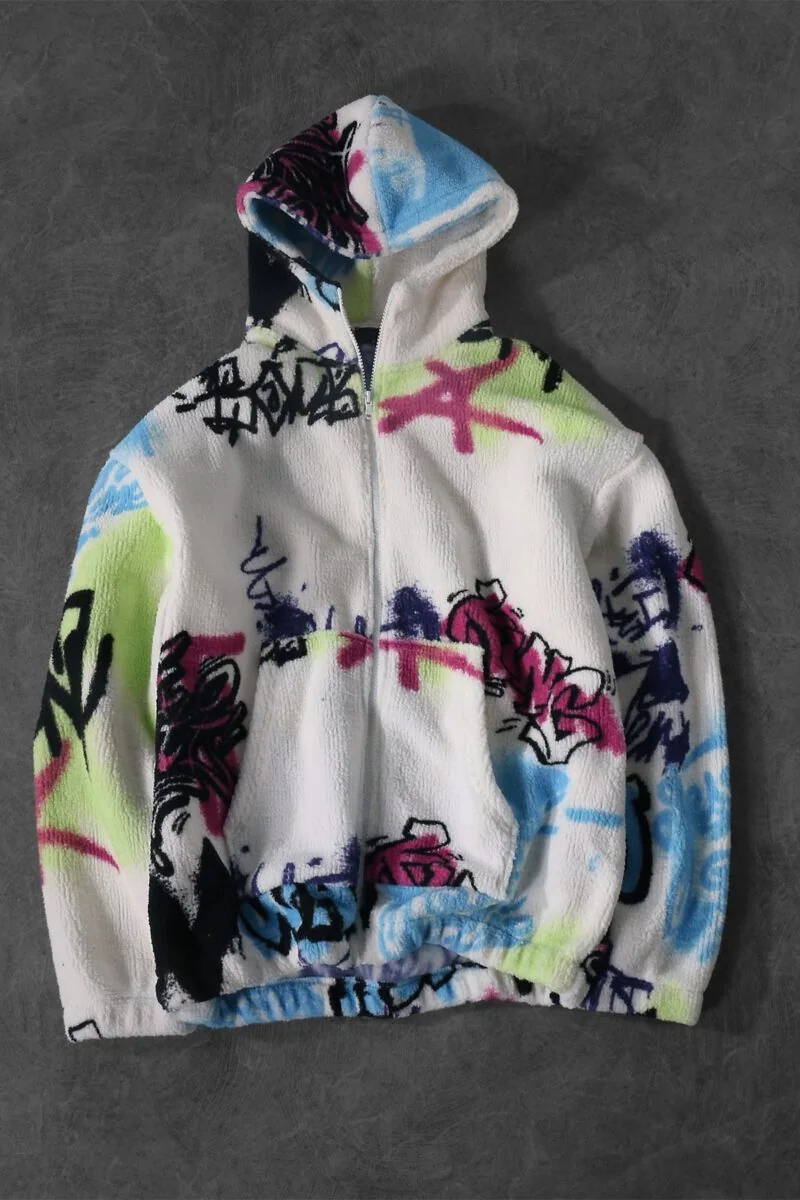 White Graffiti Design Unisex Printed Zipped Fleece - Image 6