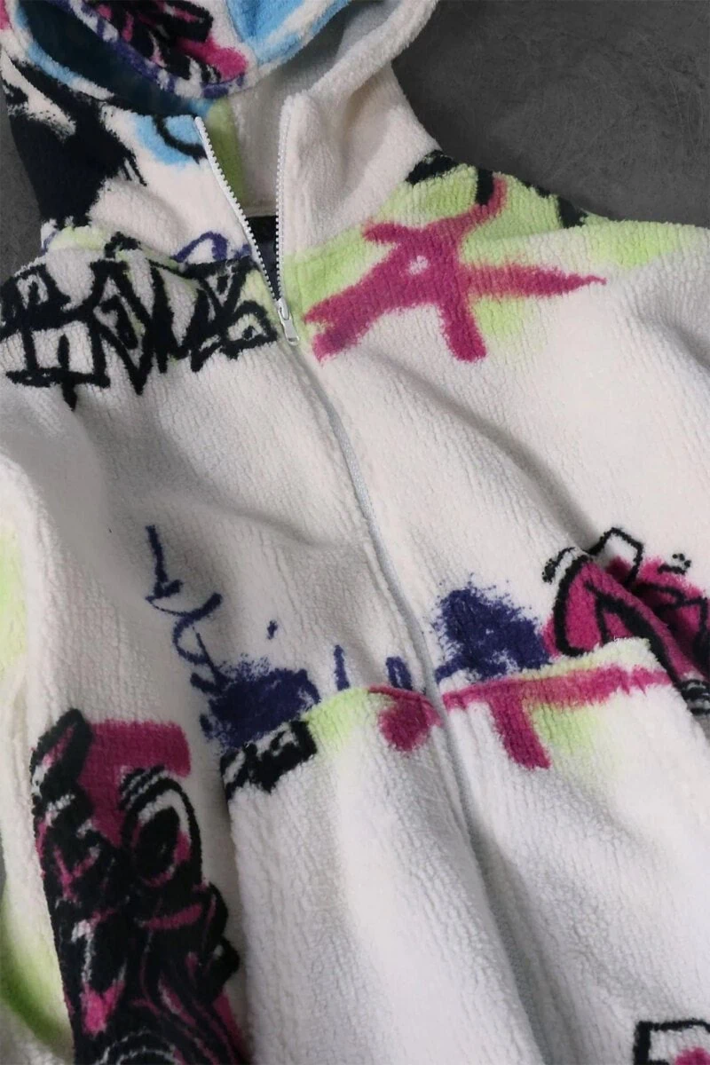 White Graffiti Design Unisex Printed Zipped Fleece - Image 8