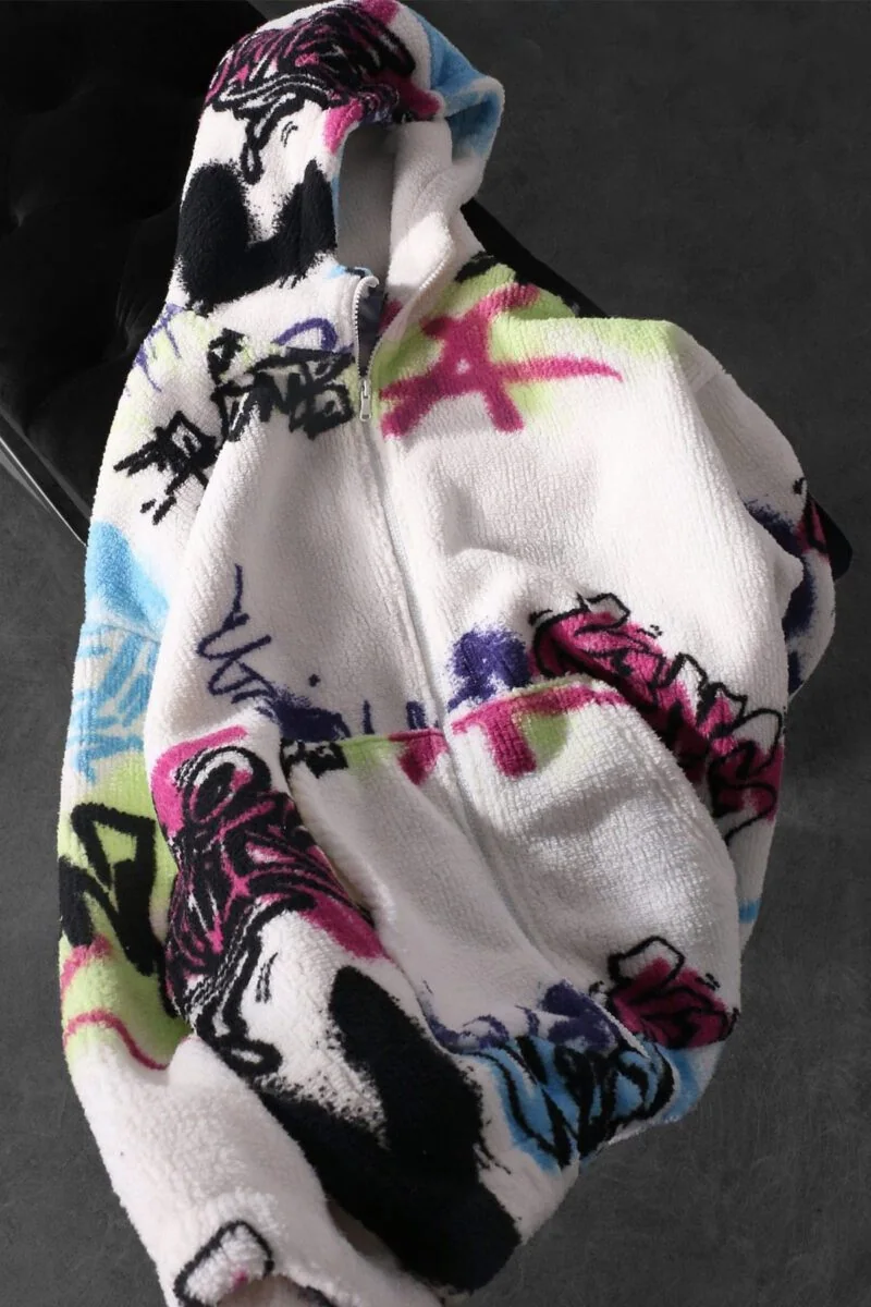 White Graffiti Design Unisex Printed Zipped Fleece - Image 9