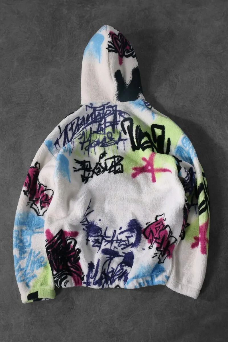 White Graffiti Design Unisex Printed Zipped Fleece - Image 7